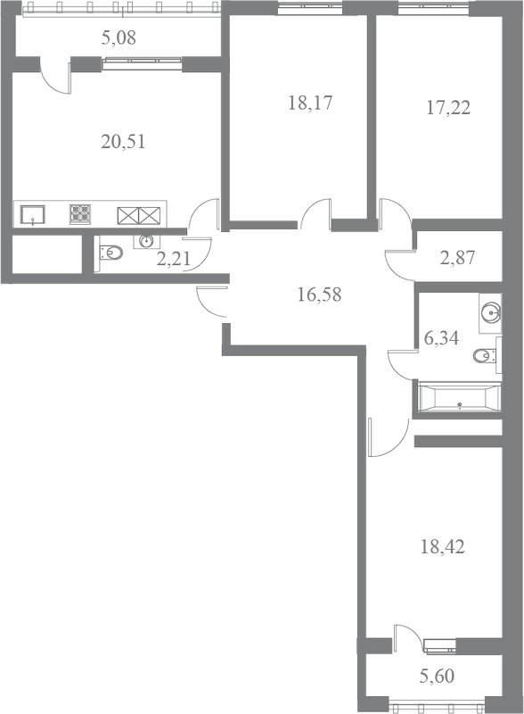 План квартиры №175 с 3 спальнями на 5 этаже 3 корпуса ЖК Familia