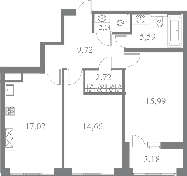 План квартиры №180 с 2 спальнями на 6 этаже 3 корпуса ЖК Familia