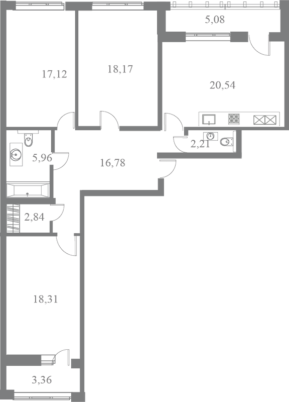 План квартиры №182 с 3 спальнями на 6 этаже 3 корпуса ЖК Familia