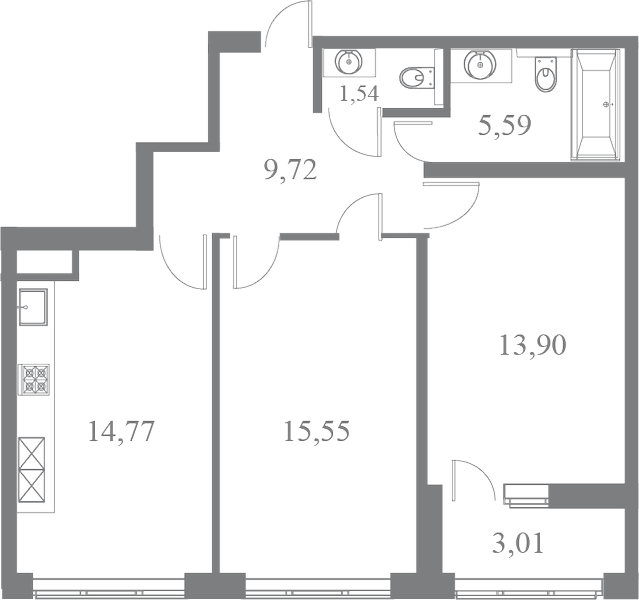 План квартиры №184 с 2 спальнями на 7 этаже 3 корпуса ЖК Familia