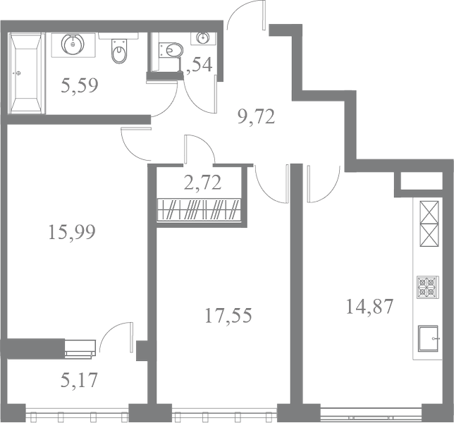 План квартиры №185 с 2 спальнями на 7 этаже 3 корпуса ЖК Familia