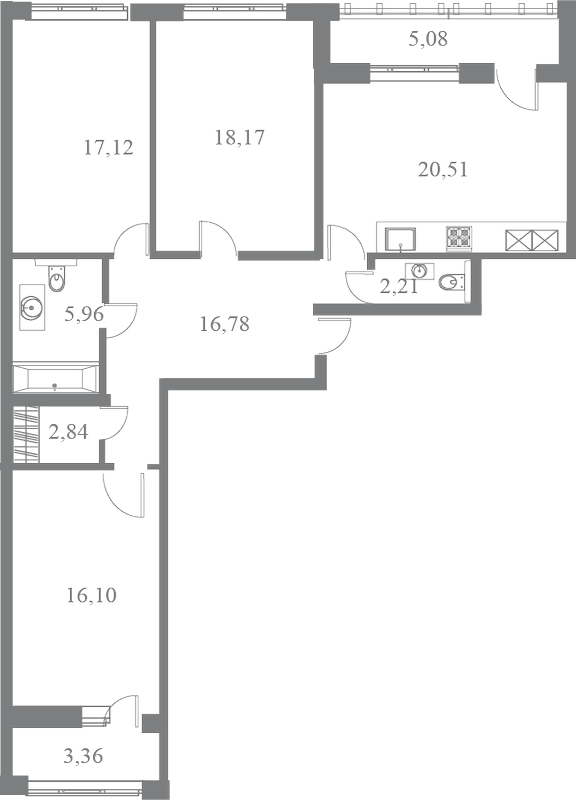 План квартиры №186 с 3 спальнями на 7 этаже 3 корпуса ЖК Familia