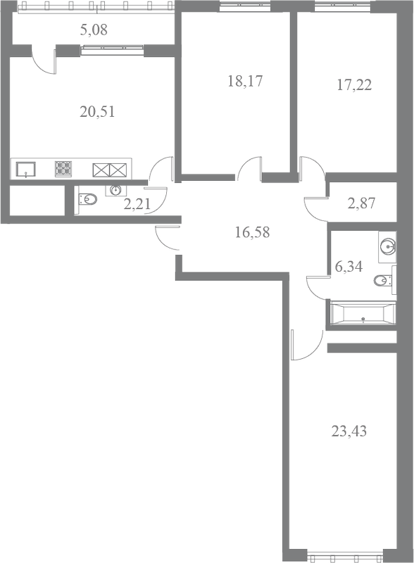 План квартиры №187 с 3 спальнями на 8 этаже 3 корпуса ЖК Familia