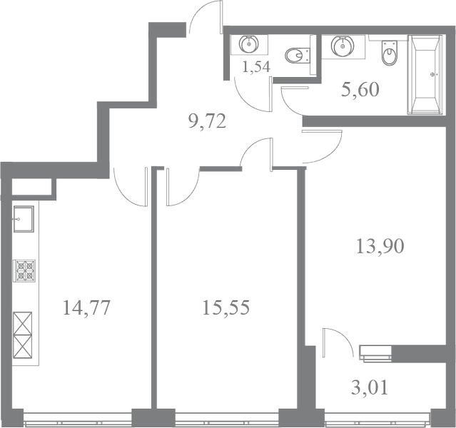 План квартиры №188 с 2 спальнями на 8 этаже 3 корпуса ЖК Familia