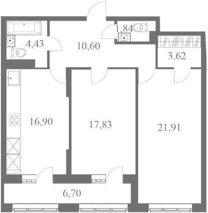 План квартиры №191 с 3 спальнями на 1 этаже 3 корпуса ЖК Familia