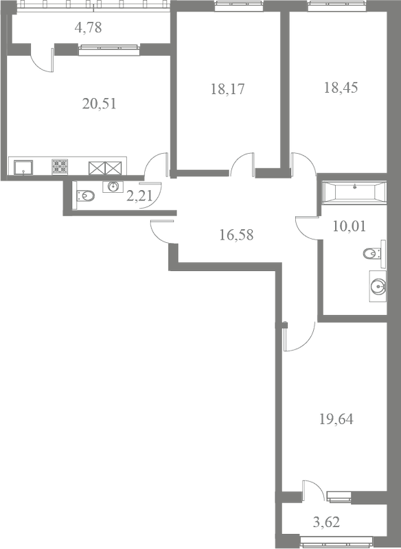 План квартиры №193 с 3 спальнями на 2 этаже 3 корпуса ЖК Familia
