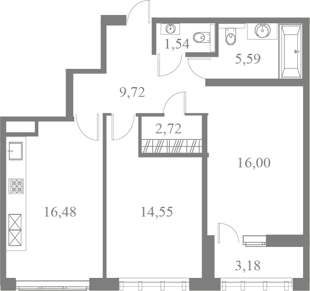 План квартиры №194 с 2 спальнями на 2 этаже 3 корпуса ЖК Familia