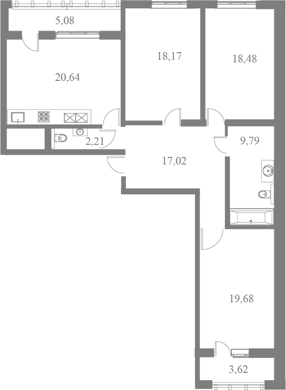 План квартиры №197 с 3 спальнями на 3 этаже 3 корпуса ЖК Familia