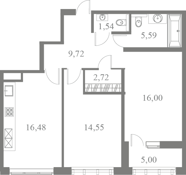 План квартиры №198 с 2 спальнями на 3 этаже 3 корпуса ЖК Familia