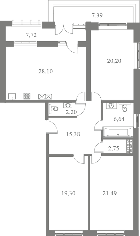 План квартиры №20 с 3 спальнями на 7 этаже 3 корпуса ЖК Familia