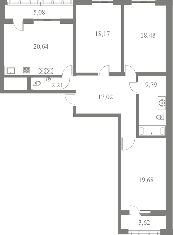 План квартиры №205 с 3 спальнями на 5 этаже 3 корпуса ЖК Familia
