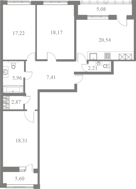 План квартиры №208 с 3 спальнями на 5 этаже 3 корпуса ЖК Familia