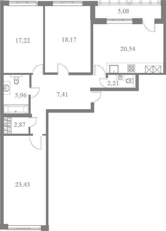 План квартиры №216 с 3 спальнями на 7 этаже 3 корпуса ЖК Familia