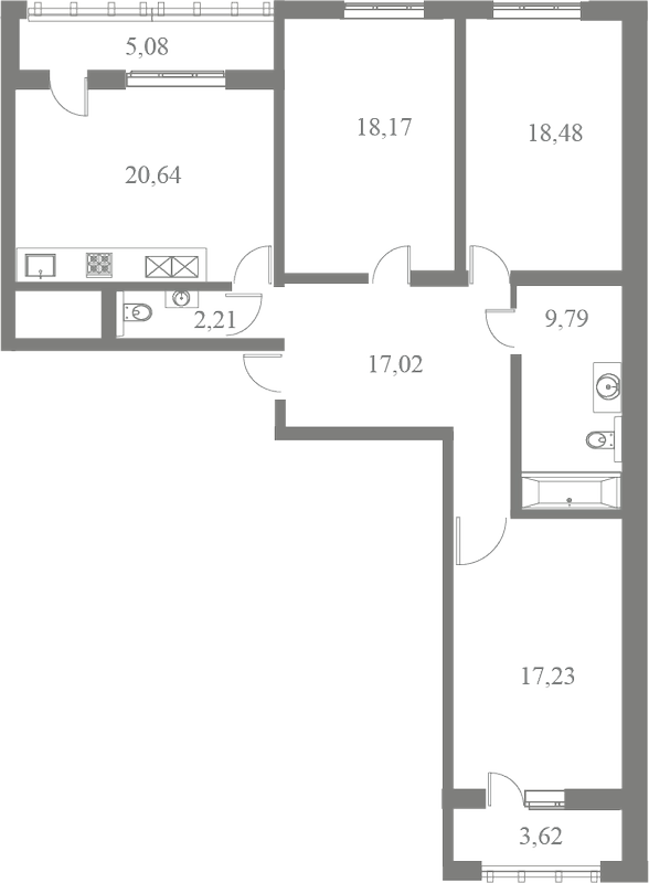 План квартиры №217 с 3 спальнями на 8 этаже 3 корпуса ЖК Familia