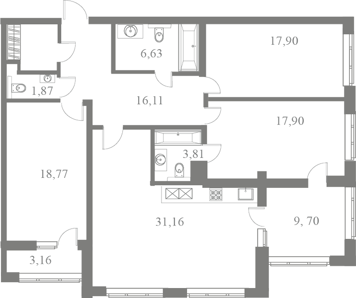 План квартиры №227 с 3 спальнями на 3 этаже 3 корпуса ЖК Familia