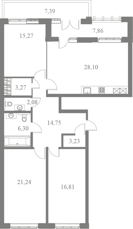 План квартиры №23 с 3 спальнями на 7 этаже 3 корпуса ЖК Familia