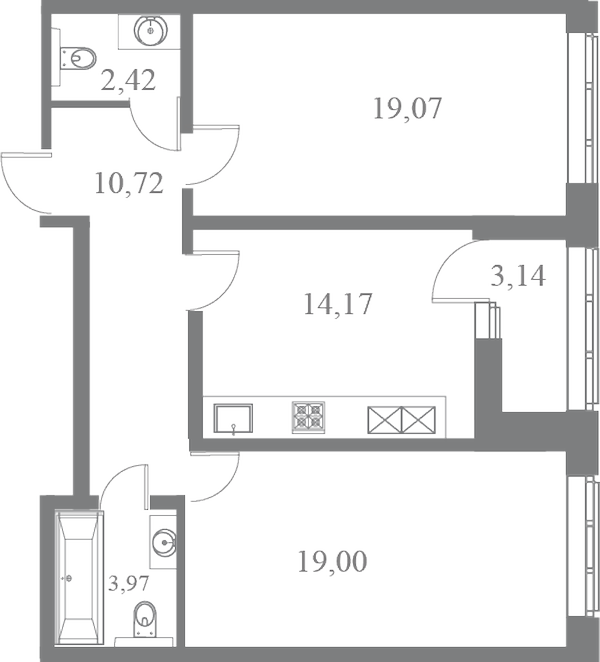 План квартиры №261 с 2 спальнями на 5 этаже 3 корпуса ЖК Familia