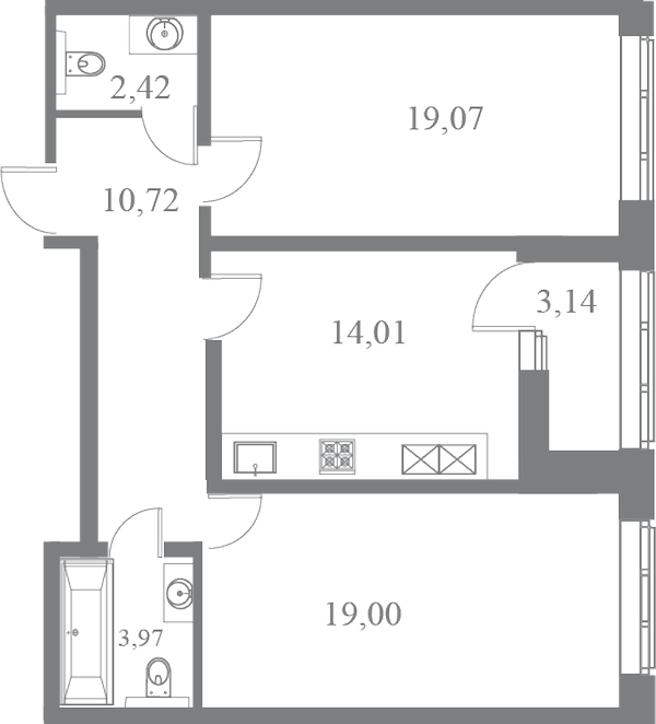 План квартиры №265 с 2 спальнями на 6 этаже 3 корпуса ЖК Familia