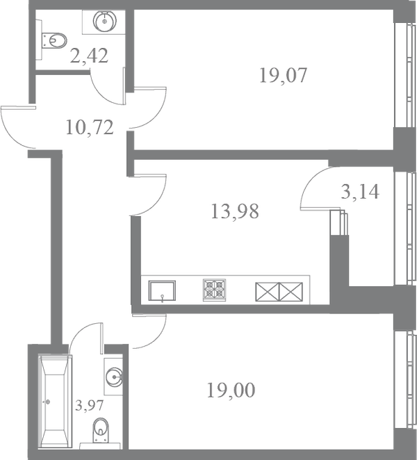План квартиры №269 с 2 спальнями на 7 этаже 3 корпуса ЖК Familia