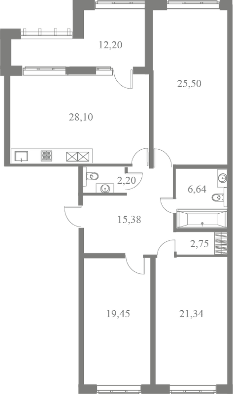 План квартиры №28 с 3 спальнями на 2 этаже 3 корпуса ЖК Familia