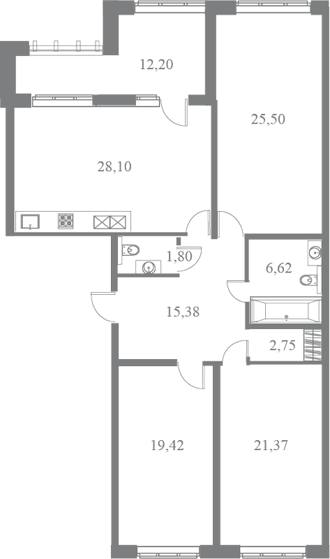 План квартиры №35 с 3 спальнями на 4 этаже 3 корпуса ЖК Familia