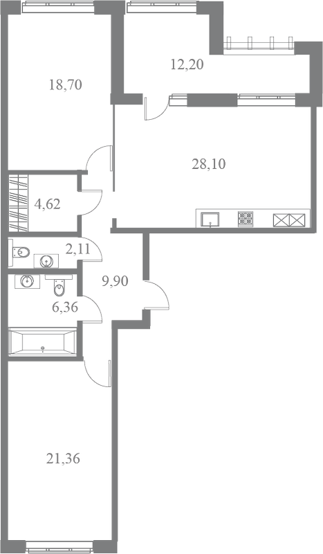 План квартиры №42 с 2 спальнями на 5 этаже 3 корпуса ЖК Familia