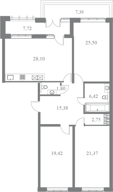 План квартиры №47 с 3 спальнями на 7 этаже 3 корпуса ЖК Familia
