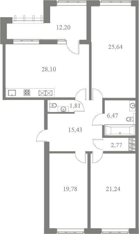 План квартиры №59 с 3 спальнями на 3 этаже 3 корпуса ЖК Familia