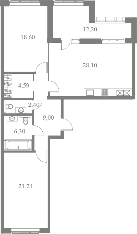 План квартиры №7 с 2 спальнями на 3 этаже 3 корпуса ЖК Familia