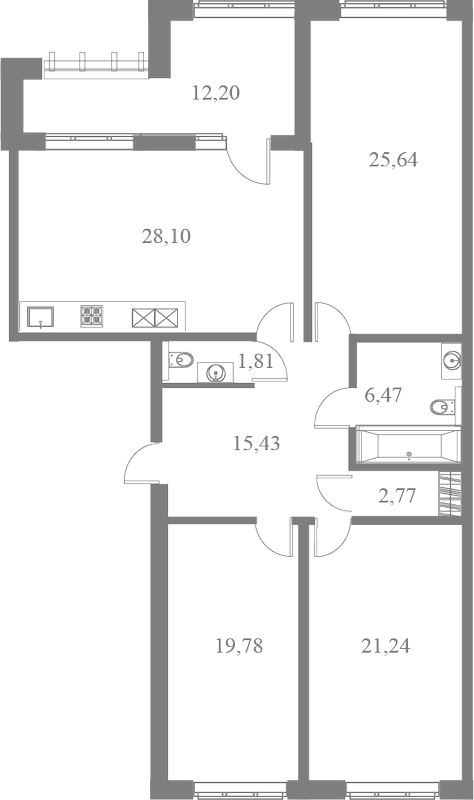 План квартиры №74 с 3 спальнями на 6 этаже 3 корпуса ЖК Familia