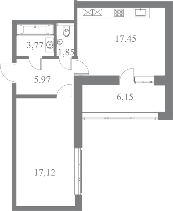 План квартиры №75 с 1 спальней на 6 этаже 3 корпуса ЖК Familia