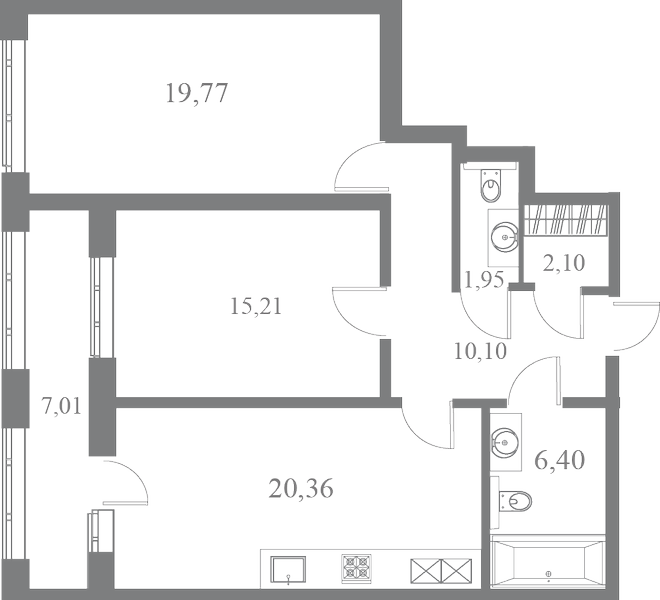 План квартиры №77 с 2 спальнями на 6 этаже 3 корпуса ЖК Familia