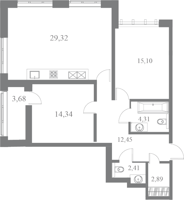 План квартиры №78 с 2 спальнями на 6 этаже 3 корпуса ЖК Familia