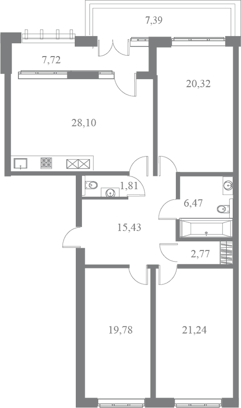 План квартиры №79 с 3 спальнями на 7 этаже 3 корпуса ЖК Familia
