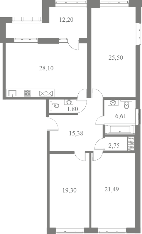 План квартиры №8 с 3 спальнями на 4 этаже 3 корпуса ЖК Familia