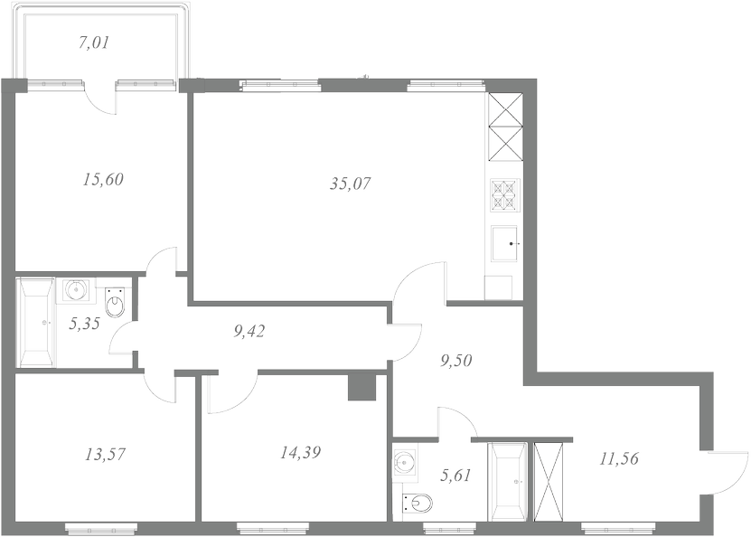 План квартиры №100 с 3 спальнями на 5 этаже 1 корпуса ЖК NEVA HAUS