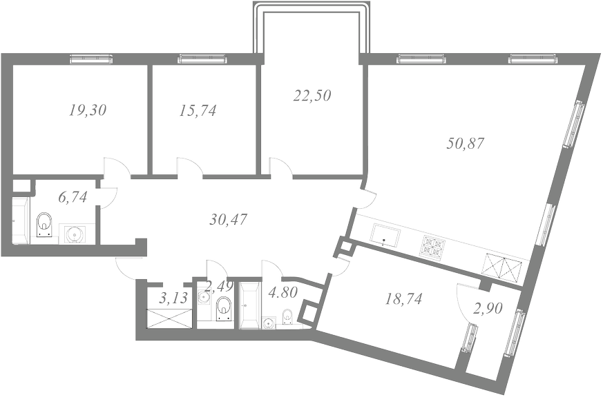 План квартиры №102 с 4 спальнями на 6 этаже 1 корпуса ЖК NEVA HAUS