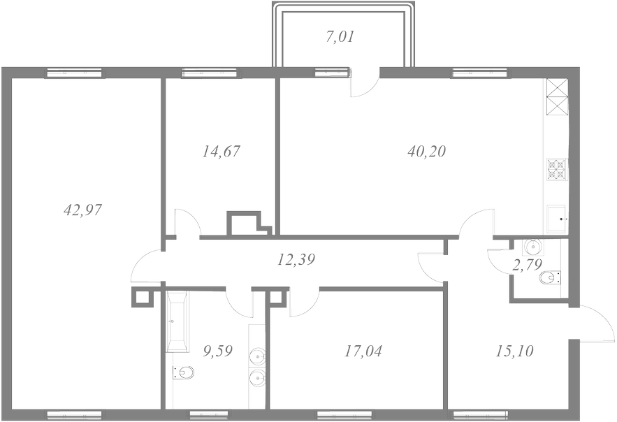 План квартиры №103 с 3 спальнями на 6 этаже 1 корпуса ЖК NEVA HAUS