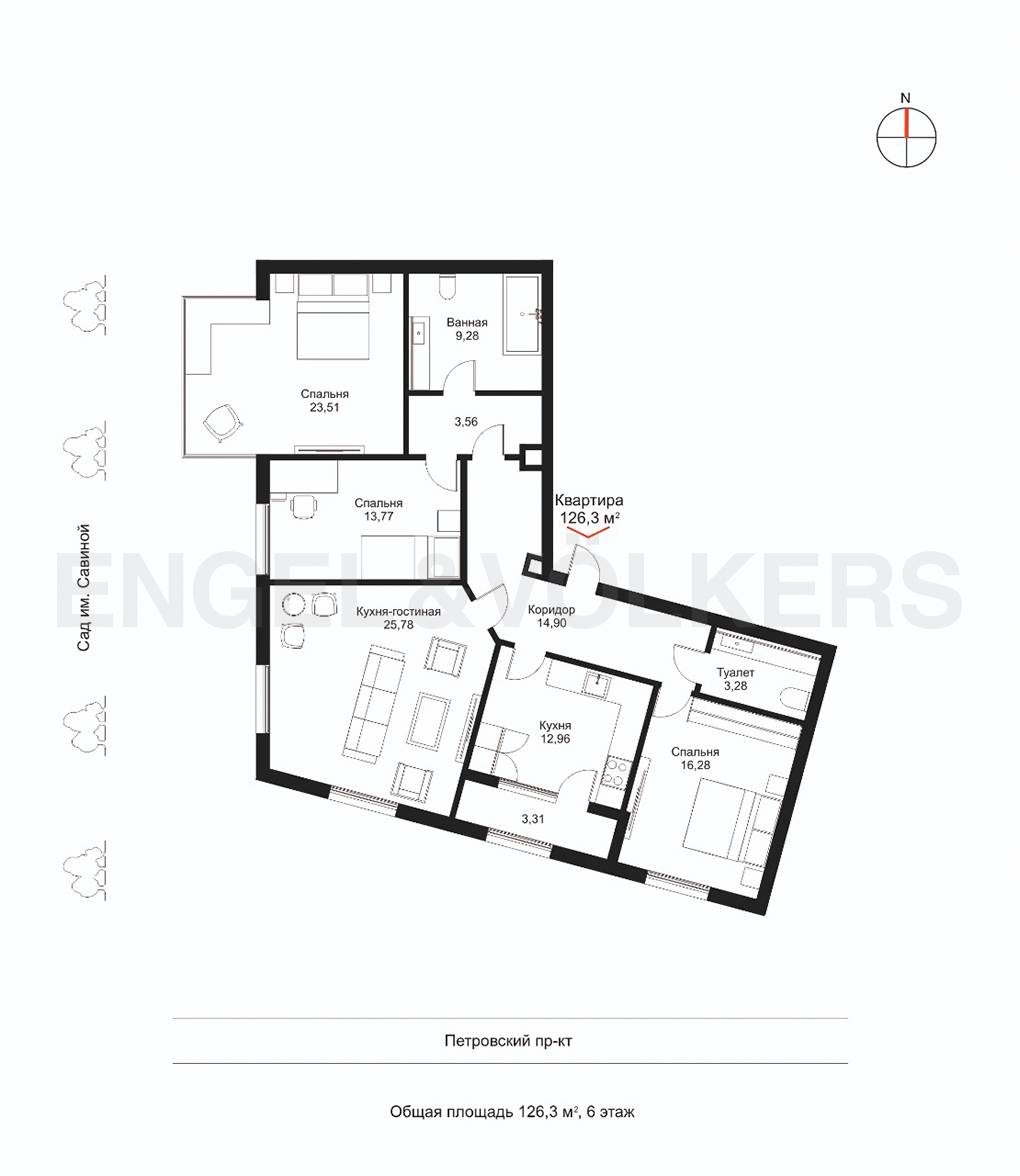 План квартиры №1039 с 3 спальнями на 6 этаже 1 корпуса ЖК NEVA HAUS