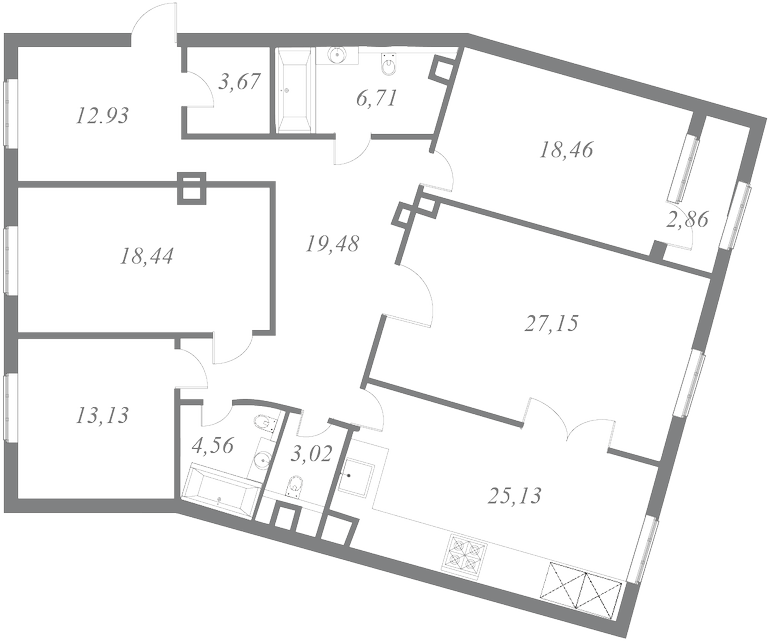 План квартиры №104 с 4 спальнями на 7 этаже 1 корпуса ЖК NEVA HAUS