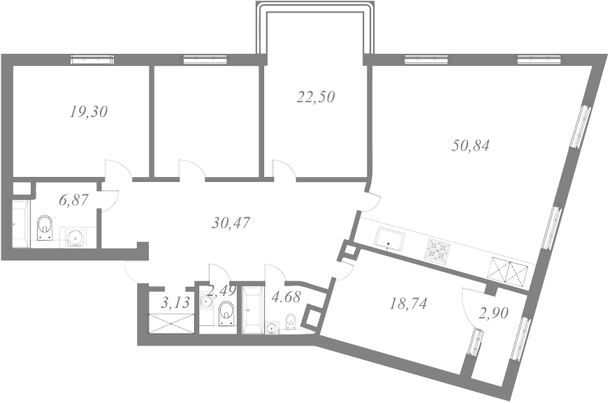 План квартиры №105 с 4 спальнями на 7 этаже 1 корпуса ЖК NEVA HAUS