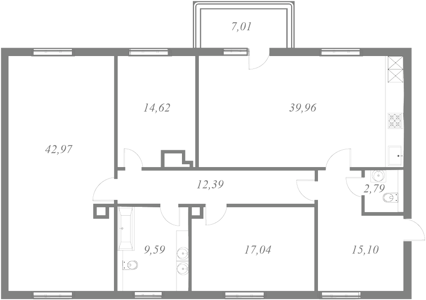 План квартиры №106 с 3 спальнями на 7 этаже 1 корпуса ЖК NEVA HAUS