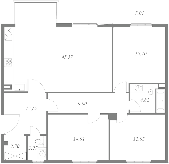 План квартиры №115 с 3 спальнями на 3 этаже 1 корпуса ЖК NEVA HAUS