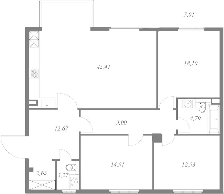 План квартиры №117 с 3 спальнями на 4 этаже 1 корпуса ЖК NEVA HAUS