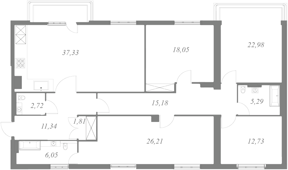 План квартиры №121 с 4 спальнями на 6 этаже 1 корпуса ЖК NEVA HAUS