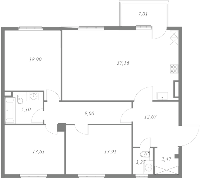 План квартиры №124 с 3 спальнями на 7 этаже 1 корпуса ЖК NEVA HAUS