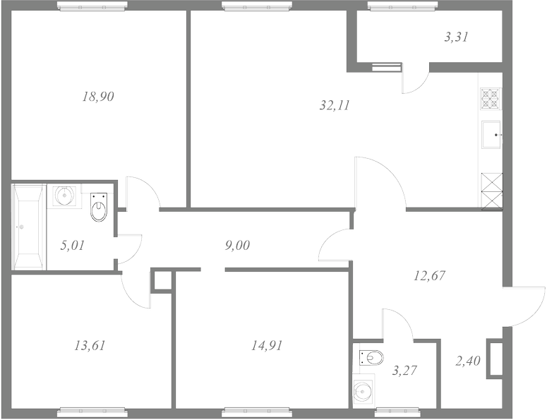 План квартиры №128 с 3 спальнями на 9 этаже 1 корпуса ЖК NEVA HAUS