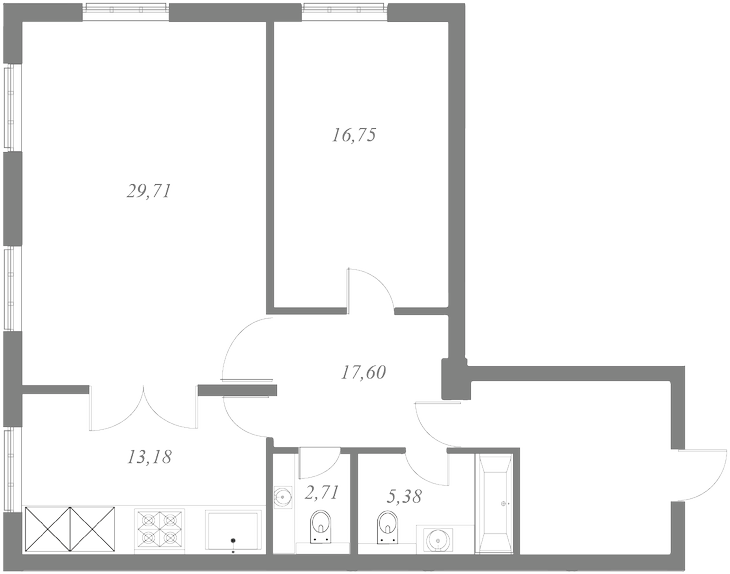 План квартиры №132 с 2 спальнями на 1 этаже 1 корпуса ЖК NEVA HAUS