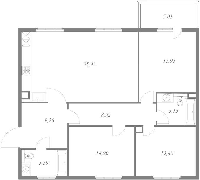 План квартиры №145 с 3 спальнями на 5 этаже 1 корпуса ЖК NEVA HAUS