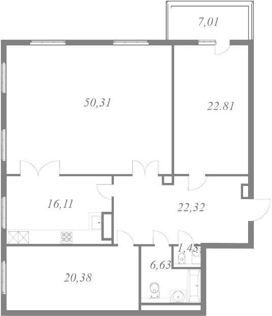 План квартиры №151 с 3 спальнями на 6 этаже 1 корпуса ЖК NEVA HAUS